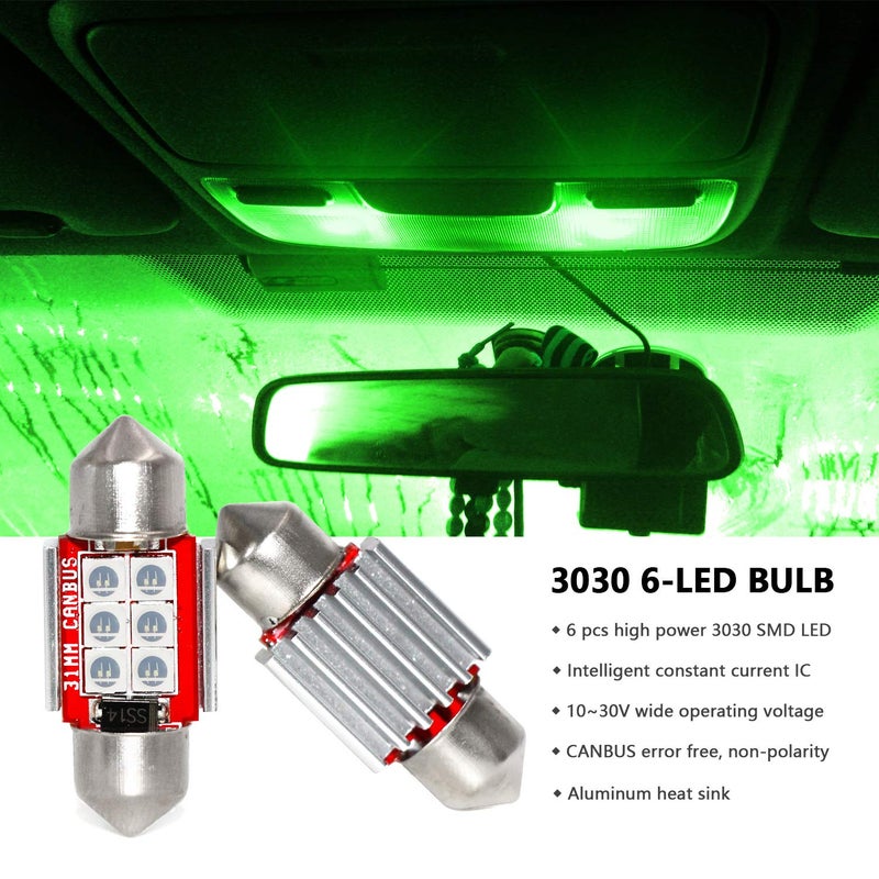 PHINLION 31mm DE3175 Green LED Light Bulbs, Super Bright 3030 6-SMD DE3021 DE3022 Miniature Festoon LED Bulb Replacement for Car Interior Map Dome Trunk Courtesy License Plate Light, Pack of 4 - Image 3